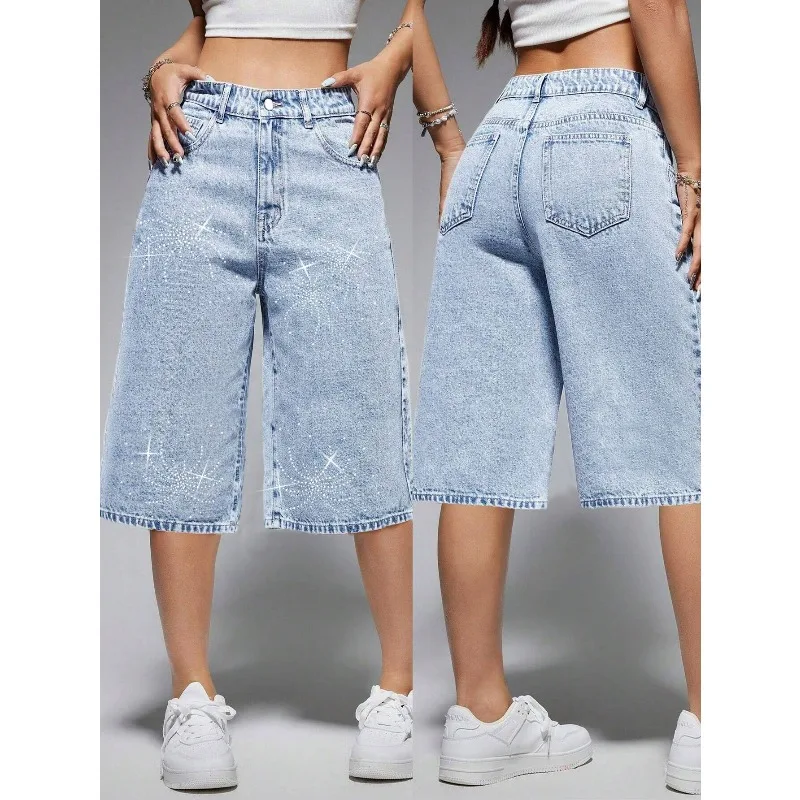 

Woman Y2k Clothes Blue Wide Leg Short Denim Pants Loose Fashion Simple Stretch Jeans Spring Ummer Jeans Popular Casual Versatile
