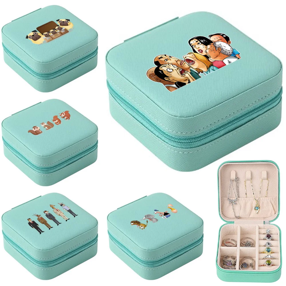 Portable Jewelry Packaging Box Travel Jewelry Case Cartoon Print Leather Storage Earring Necklace Ring Jewelry Organizer Display