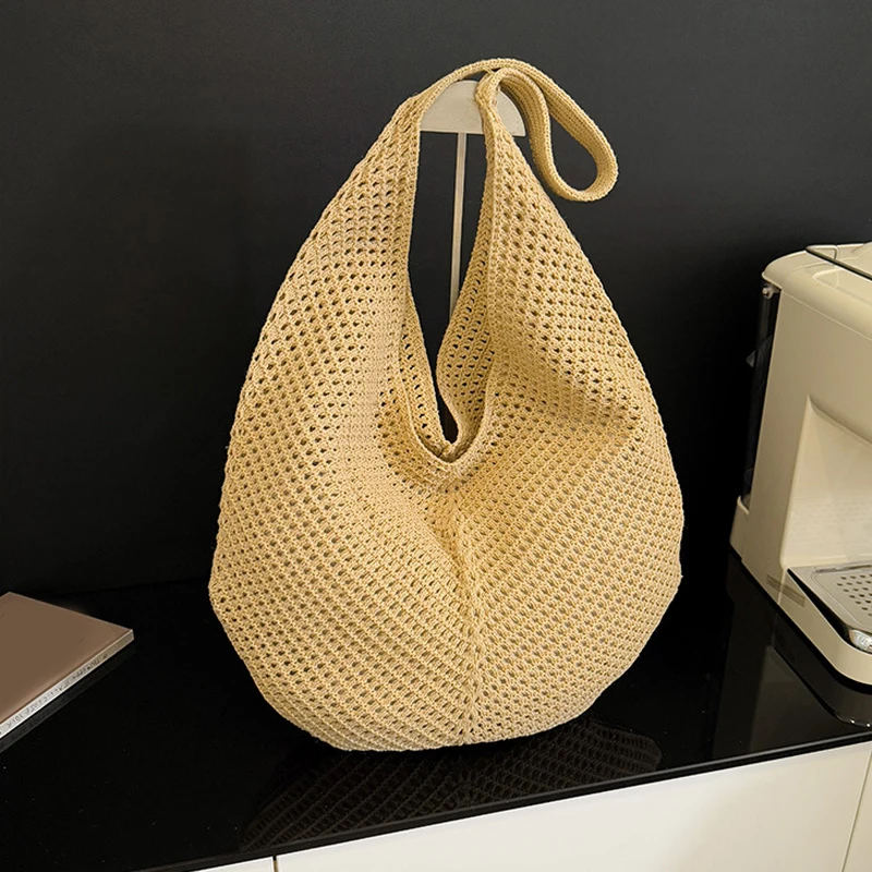 Mode frauen Hohl Woven Schulter Taschen Große Kapazität Stricken Unterarm Tasche Solide Häkeln Tote Sommer Mesh Strand Tasche