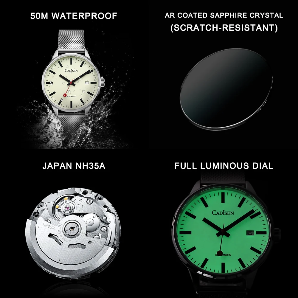 CADISEN Automatic Watch Men Luminous Stainless Steel Self-Wind Wristwatch NH35A Sapphire Waterproof Mesh Belt Mechanical Watch