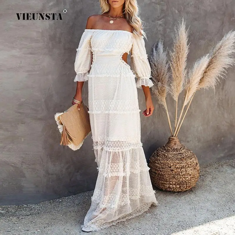 Beach Vestidos De Fiesta Lace Dress Women Elegant White Backless Sexy Evening Maxi Dresses Female Boho Slim Wedding Party Dress