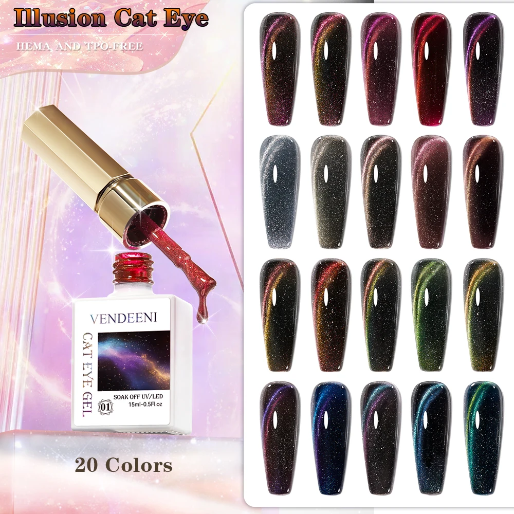 

Vendeeni 20 цветов/набор синий фиолетовый блеск сломанный бриллиант Аврора кристалл кошачий глаз магнитный гель-лак для ногтей с цветной картой