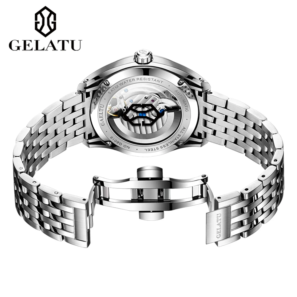 GELATU Dragon Watch for Men Silver Stainless Steel Automatic Mechanical Wristwatch Luxury Top Brand Chronograph Waterproof Watch