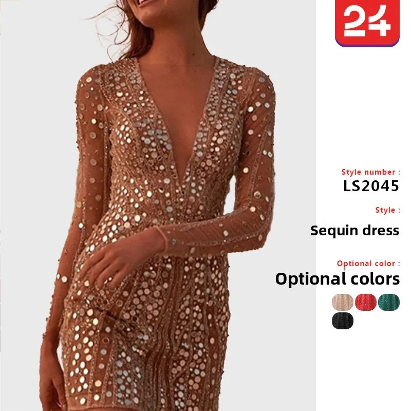 

2025 New Women's Long Sve Dr Gold Sprinkled Evening Dr round Ne Synthetics Fabric mid Waist for Par Ocns