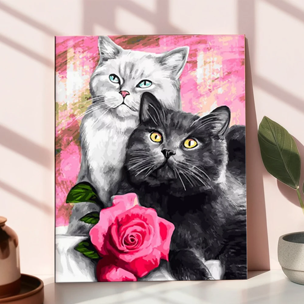HUACAN الطلاء بواسطة أرقام القط الحيوان رسمت باليد مجموعات ديكور المنزل الحرف مجردة رسم على قماش زهرة الورد هدية جدار مجموعة #3
