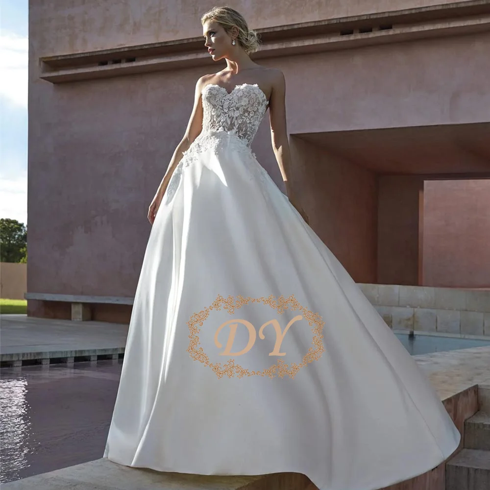 DY Charming A-line Wedding Gown For Women Lace Appliques Strapless Court Train Sleeveless De Casamento Customised