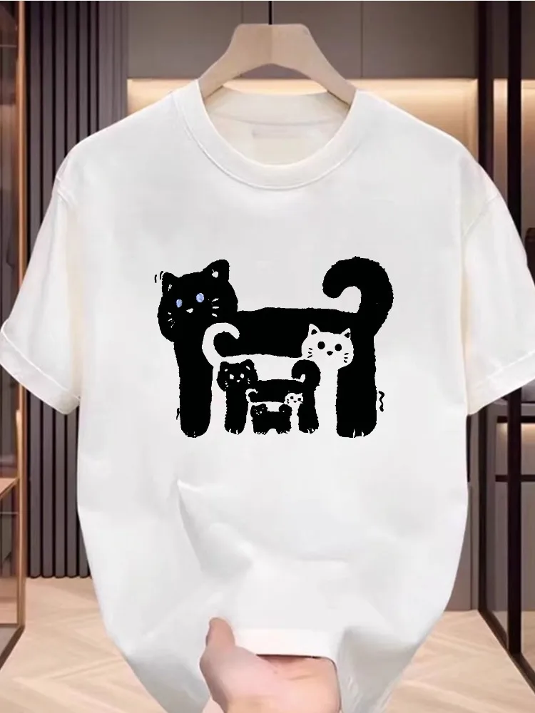 T-shirts à manches courtes en coton pour hommes et femmes, imprimé chat de dessin animé noir et blanc, à la mode, col rond, quatre saisons