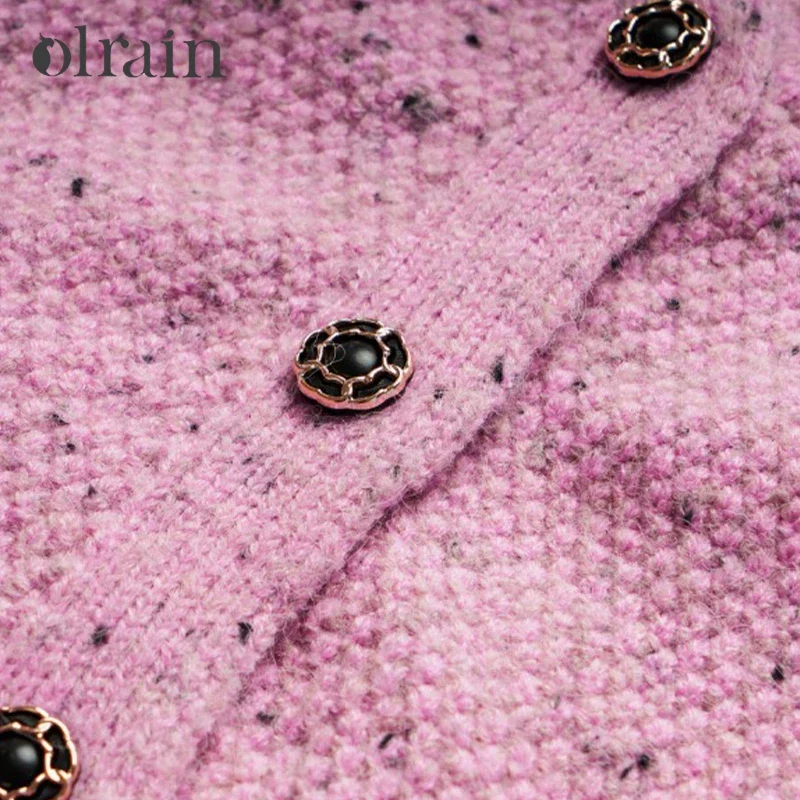 OLrain  Knitted Cardigan for Women 2025 Autumn Spliced V Neck Puff Sleeve Chic Single Button Ladies Sweaters E56QM93966