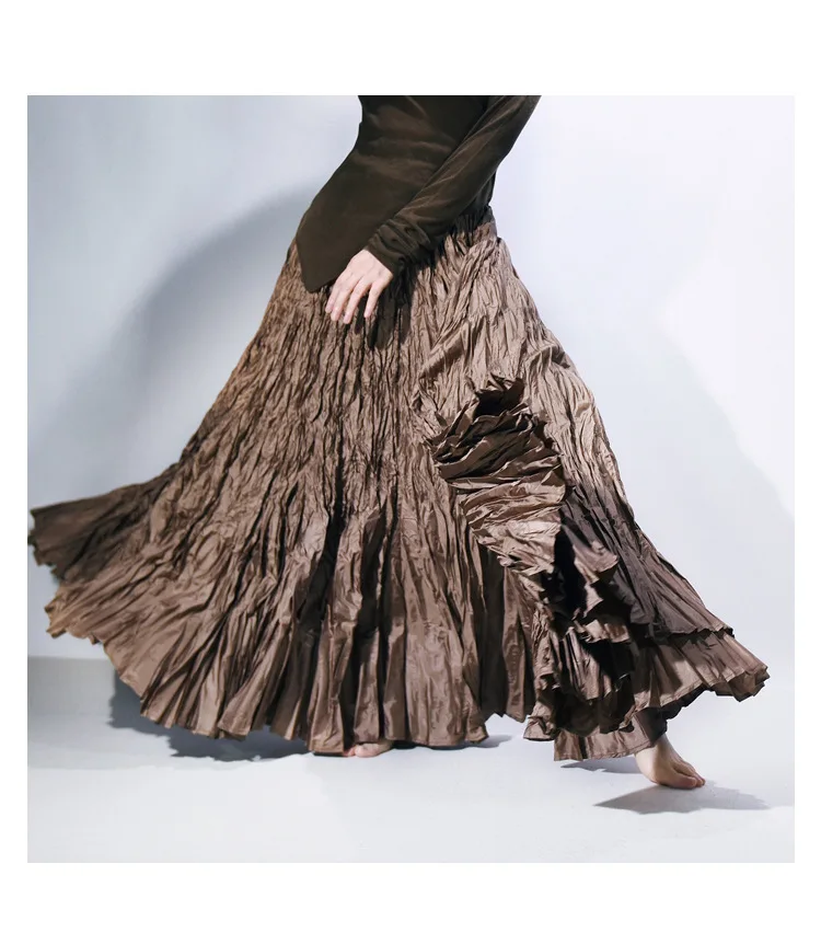 High Quality Women Spring Long Skirts Wide Hem Pleated Design High Waist A-Line Dance Maxi Skirts Faldas Femme Streetwear