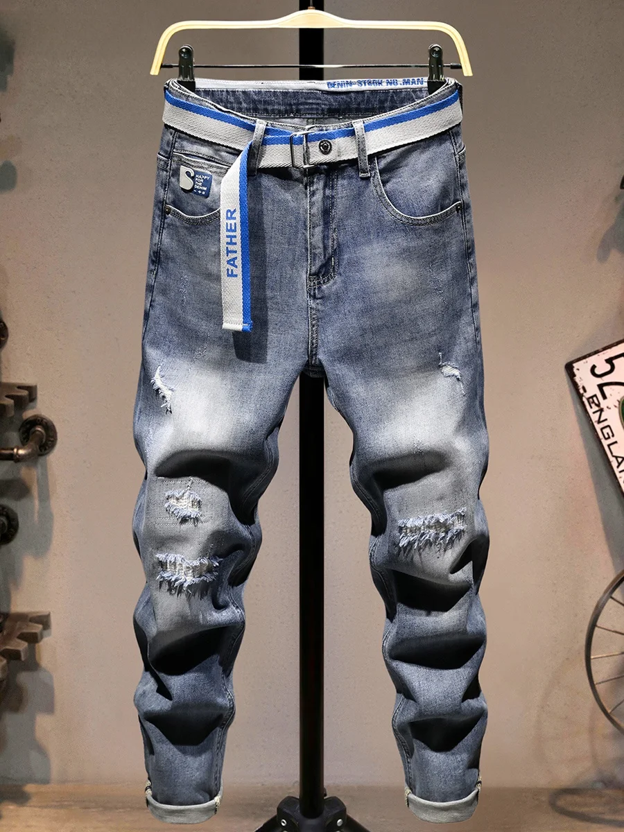 

Мужские летние тонкие повседневные свободные джинсы с зауженными штанинами, дышащие, укороченные, синие, из денима, хлопка, полиэстера и спандекса