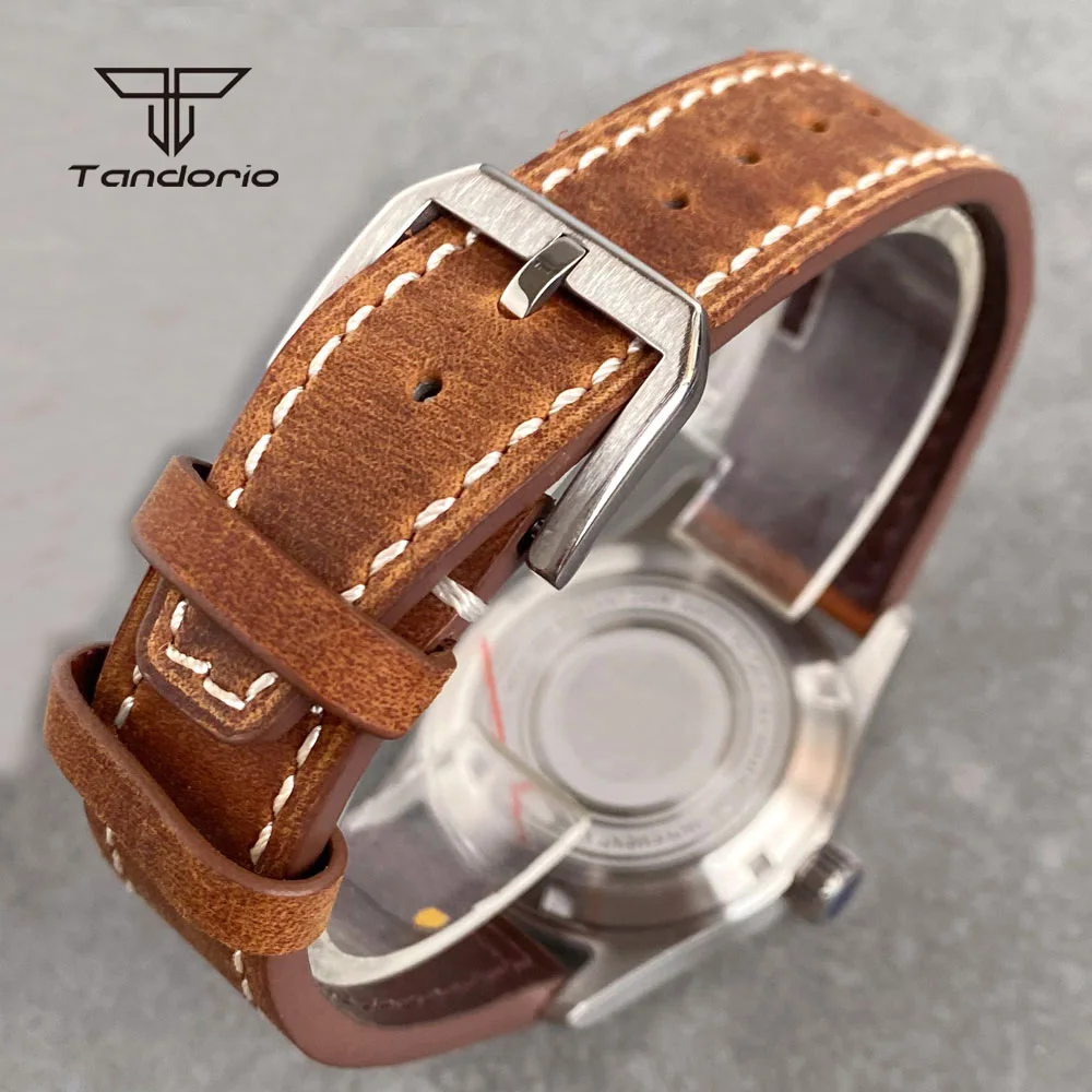Tandorio Steel 36mm Pilot Men Automatic Watch Aviator Date NH35A Simple Dive Mechanical Field Wristatch 20BAR Luminous Leather