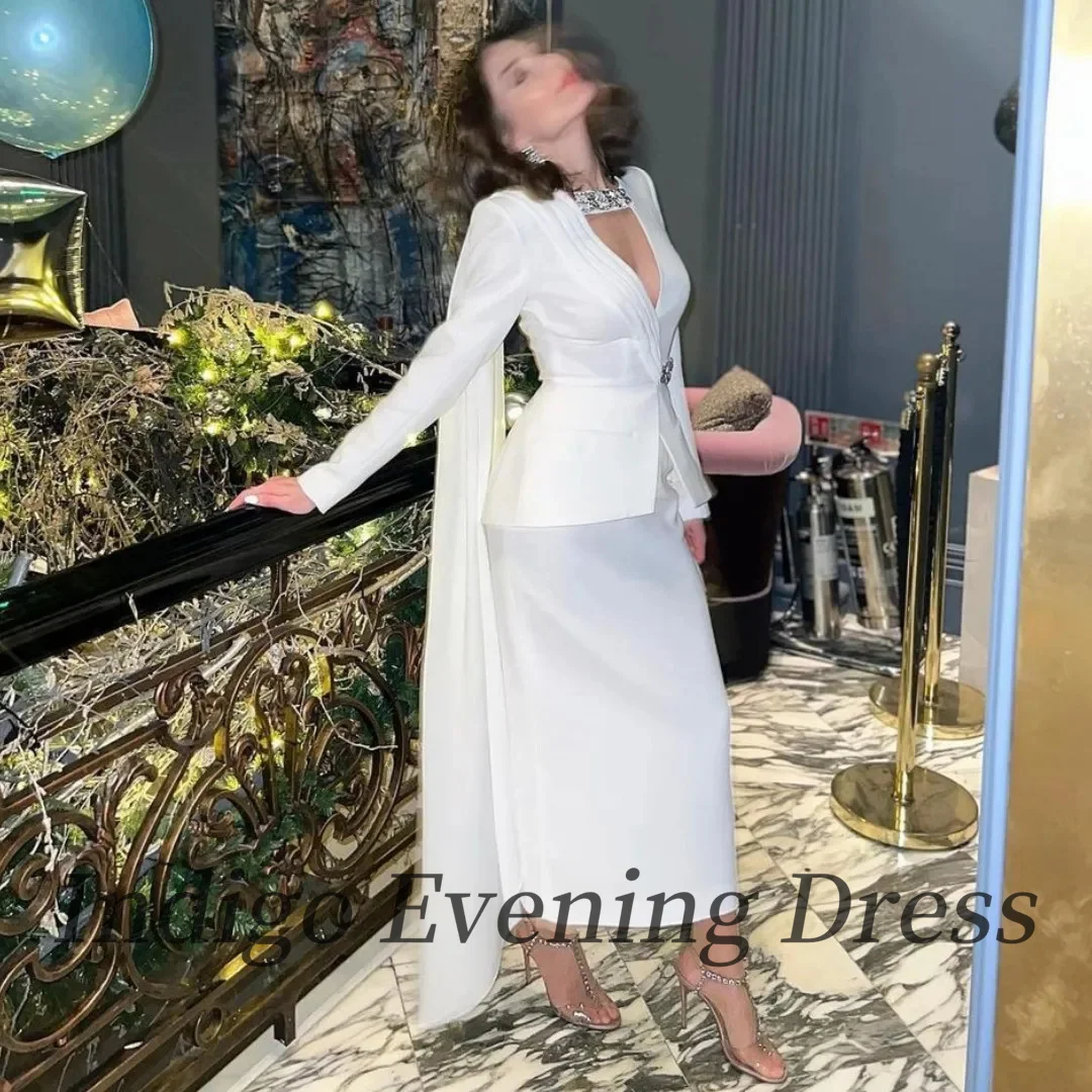 Indigo White Two Pieces Prom Dress V Neck Mermaid V-Neck Long Sleeves Formal Party Gown 2024 فساتين السهرة Saudi Arabia