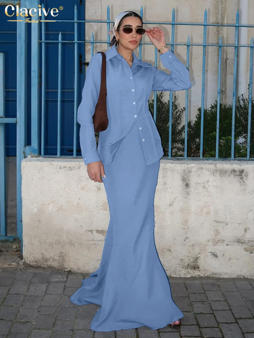 

Clacive Fashion Loose Blue Skirts Set 2 Piece Woman 2026 Elegant Long Sleeve Shirt With High Waist Maxi Skirt Set Female Clothes