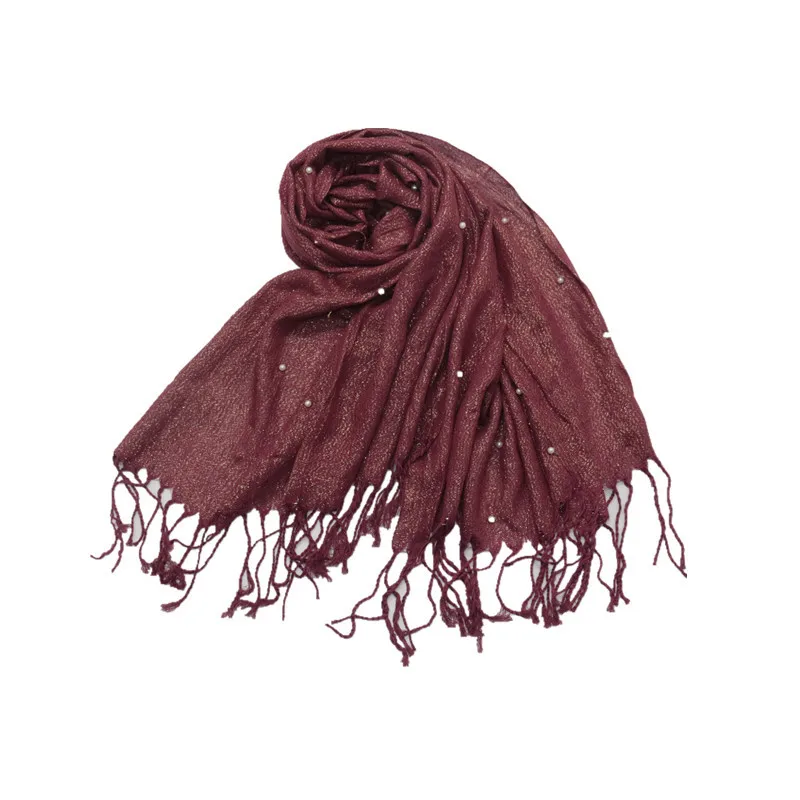 

Rayon Bright Silk Gold Silk Girl Scarf Full of Pearl Rubbing Tassel Monochrome