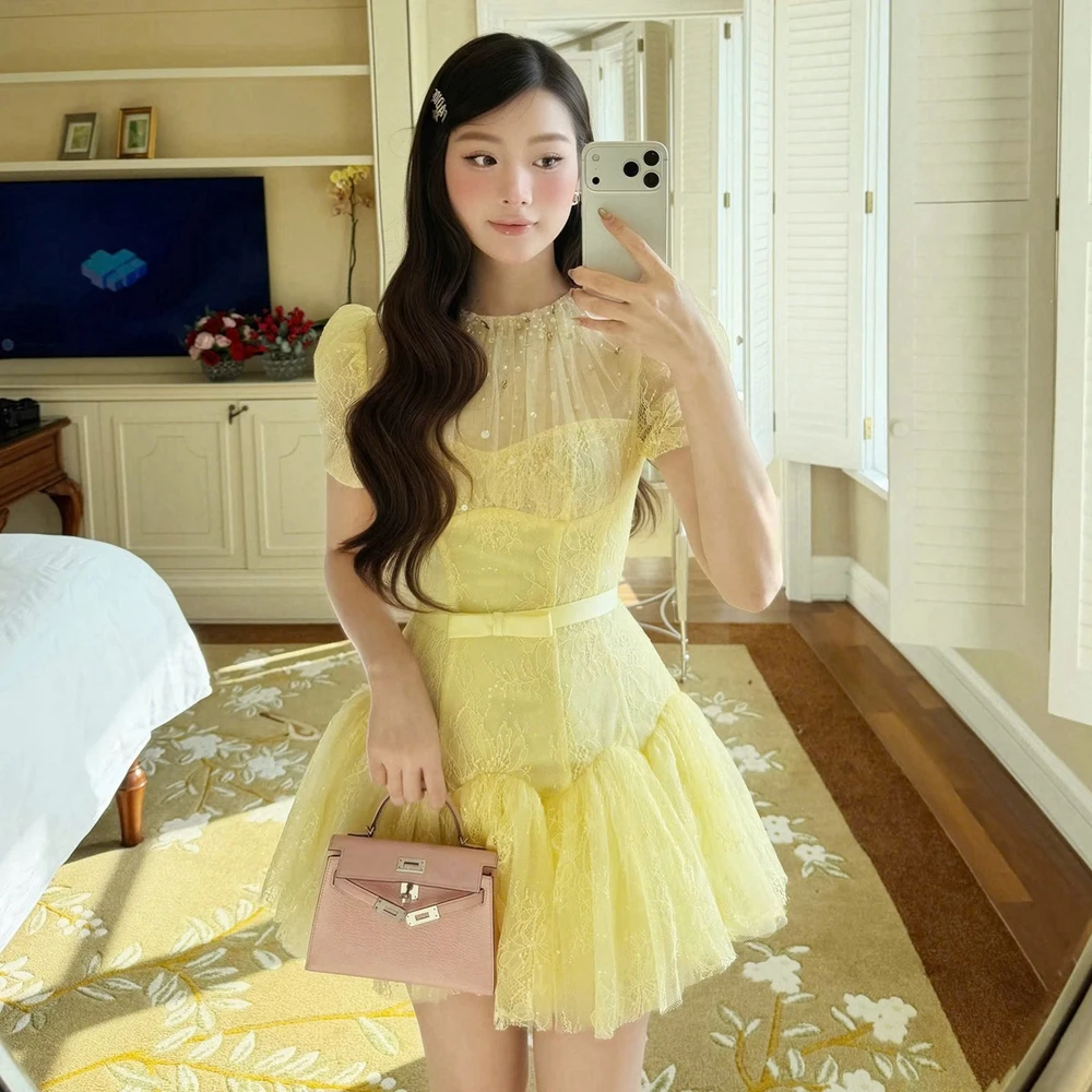 

Summer New Arrival Lace Mesh Princess Dress High Waist Lace Mesh Appliques Birthday Party Gowns Bubble Sleeves Prom Dresses