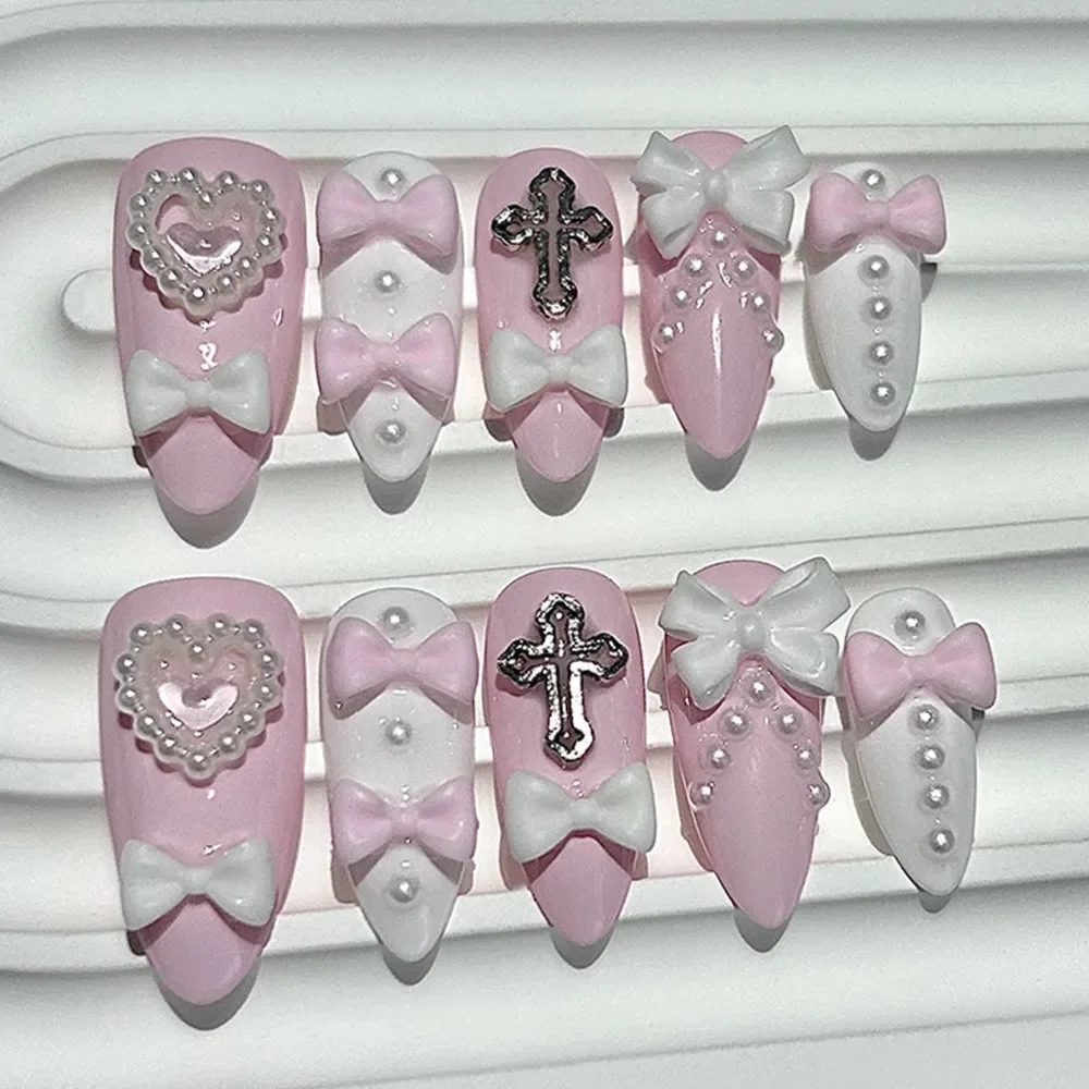 Y2K Gyaru Cute Pink White Almond Handmade Press On Nails 3D Bow Pearl Heart Cross Jirai Fake Nails Yami Kawaii Japanese Nail Art