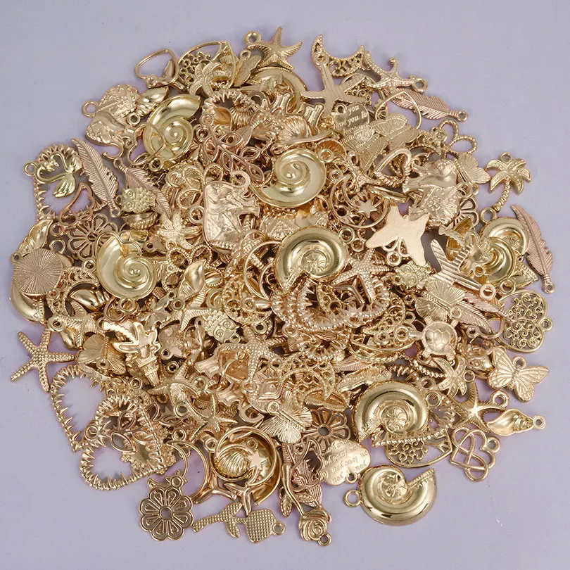 10-100pcs/lot Mixed Random KC Gold Color Sea Animals Shells Conch Starfish Flowers Leaves Moon Pendants Jewelry Finding Necklace