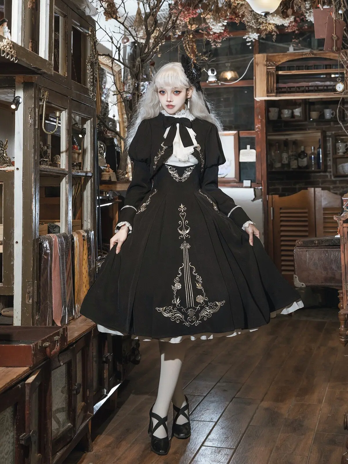 Dark Goth Subculture Y2k Lolita Embroidery Pleated Waist Strap Dress Court Vintage Lace Shirt Top Cosplay Black Dress Sets Women
