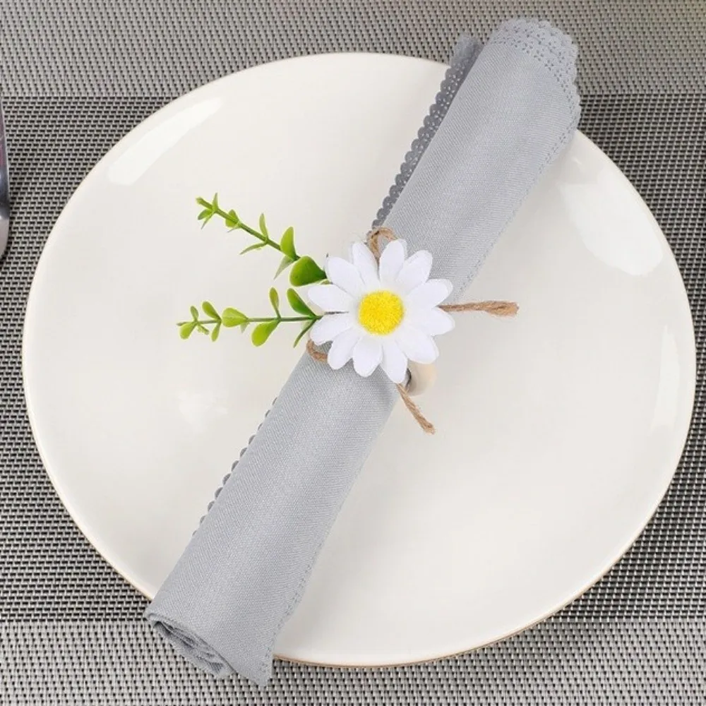 New Wooden Base Fabric Flowers Napkin Rings Rustic Style Handmade Napkin Holders Ball Flower Napkin Fastener Party Table Decor