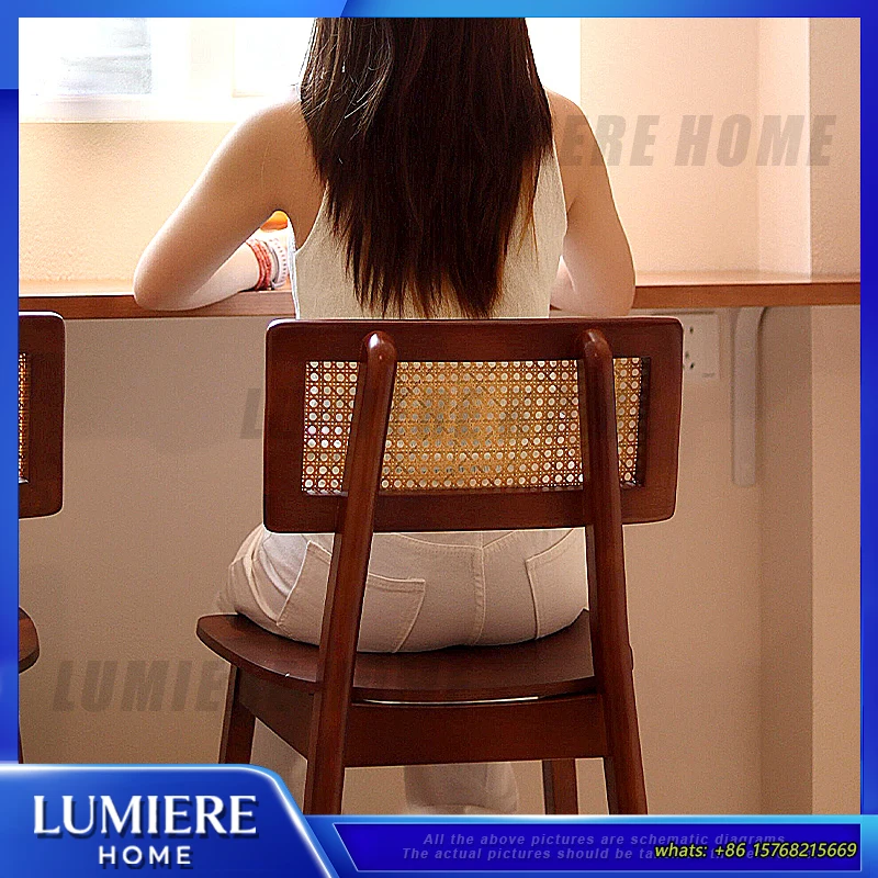 Scandinavian Solid Wood Wicker Bar Stool High Backless Dining Chair for Kitchen Island Cafe Restaurant Home Use Modern Design