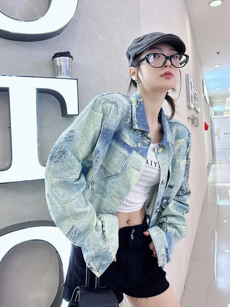 Printed denim jacket women's spring new Korean version college style short and stylish age reducing casual loose jacket
