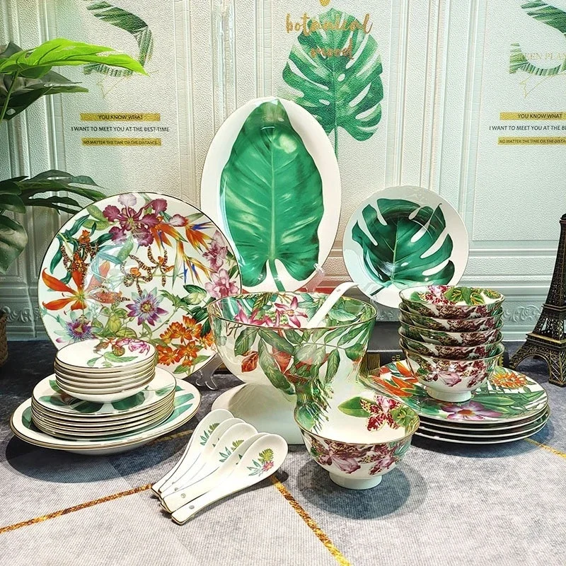 Illustration bone china 36 pieces tropical rainforest tableware dish set