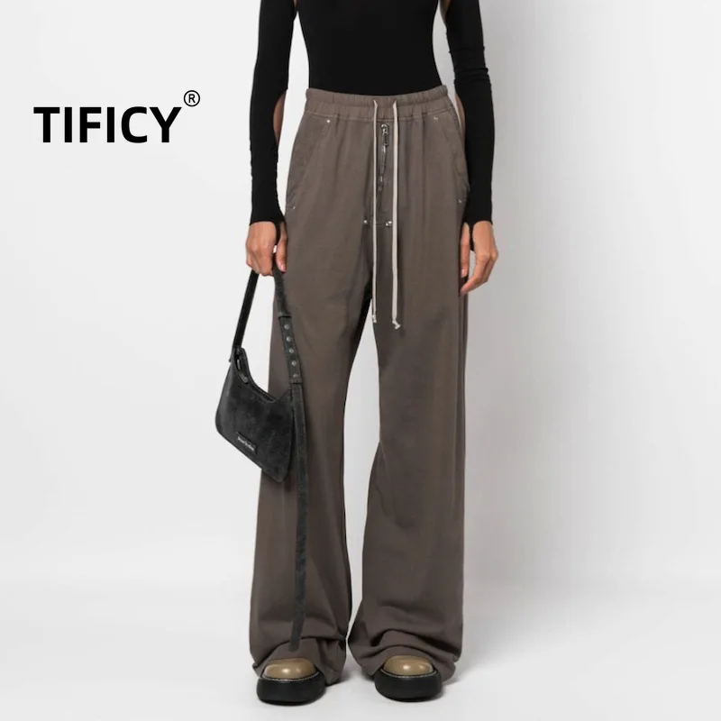 

TIFICY High Street Double Lined Pure Cotton Knitted Plain Weave Loose Normal Crotch Wide Leg Pants Women's Casual Style Pants