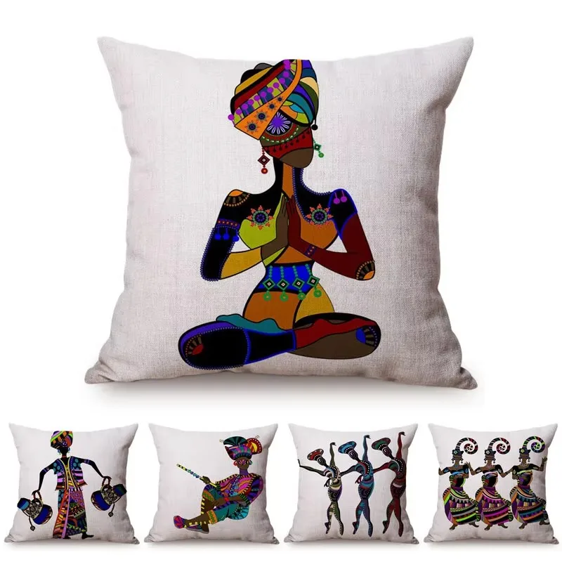 Hand Painted Africa Abstract Art Decoration Pillow Cover Colorful African Women Dancing Exotic Cotton Linen Sofa Cushion Cover