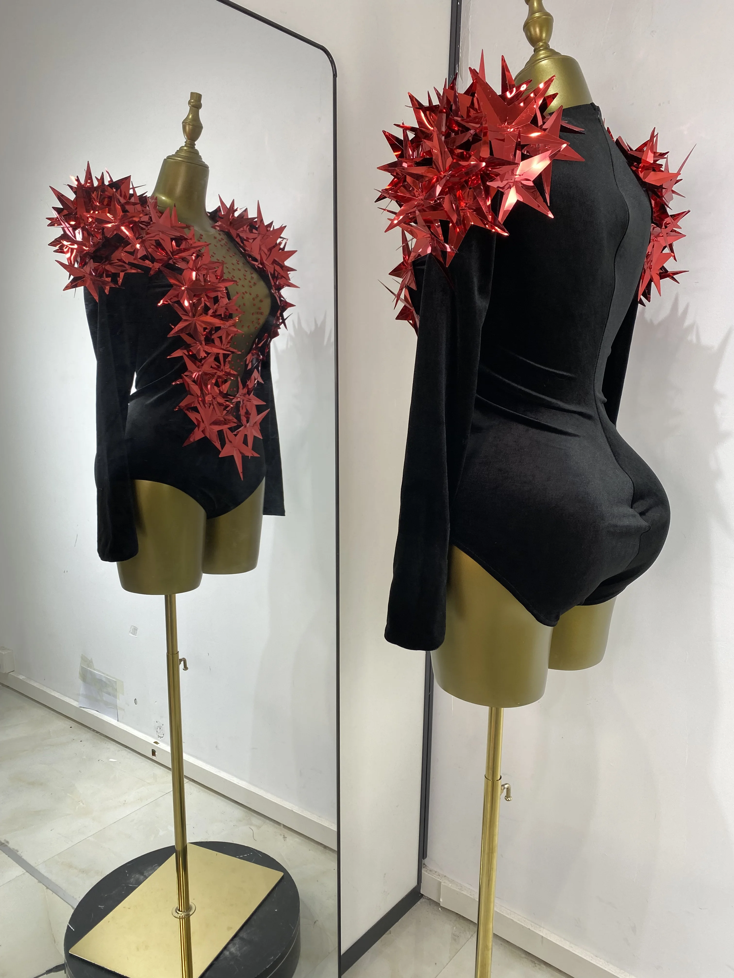 Thigh High Black Flannel Bodysuit Long Sleeve With 3D Red Stars Rhinestones Evening Club Party Ballroom Dj Gogo Costumes