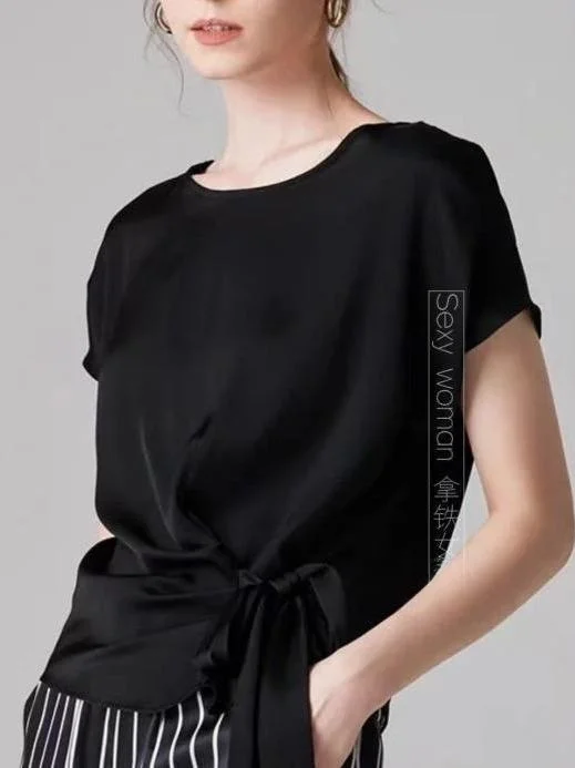 

Faionable 2025 Summer irt Knot Design Slim Fit ort Sve Women's Top Belted Versatile Commute Sle Straight...