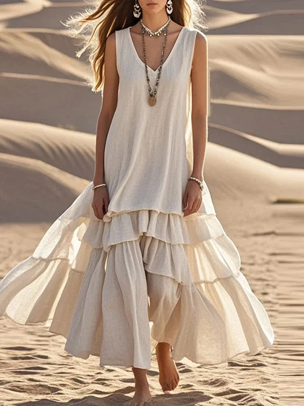 Retro Solid Cotton Linen Pleated Long Dress Woman Spring Fashion V Neck Loose Maxi Dress Summer Sleeveless Tank Boho Beach ZSA8