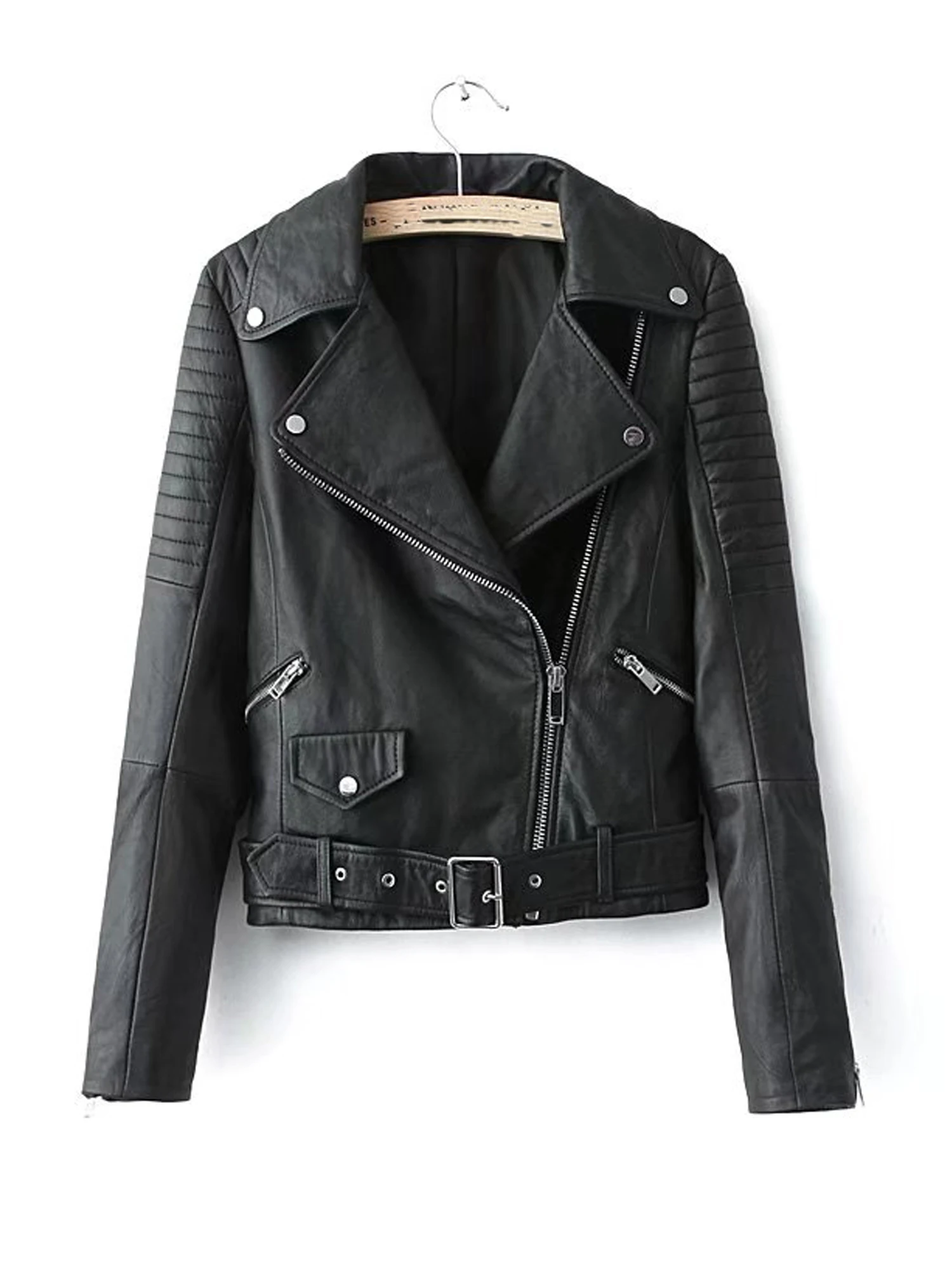 New Women Autumn Winter Black Faux Leather Jackets Zipper Basic Coat Turn-down Collar Motor Biker Jacket With Belt