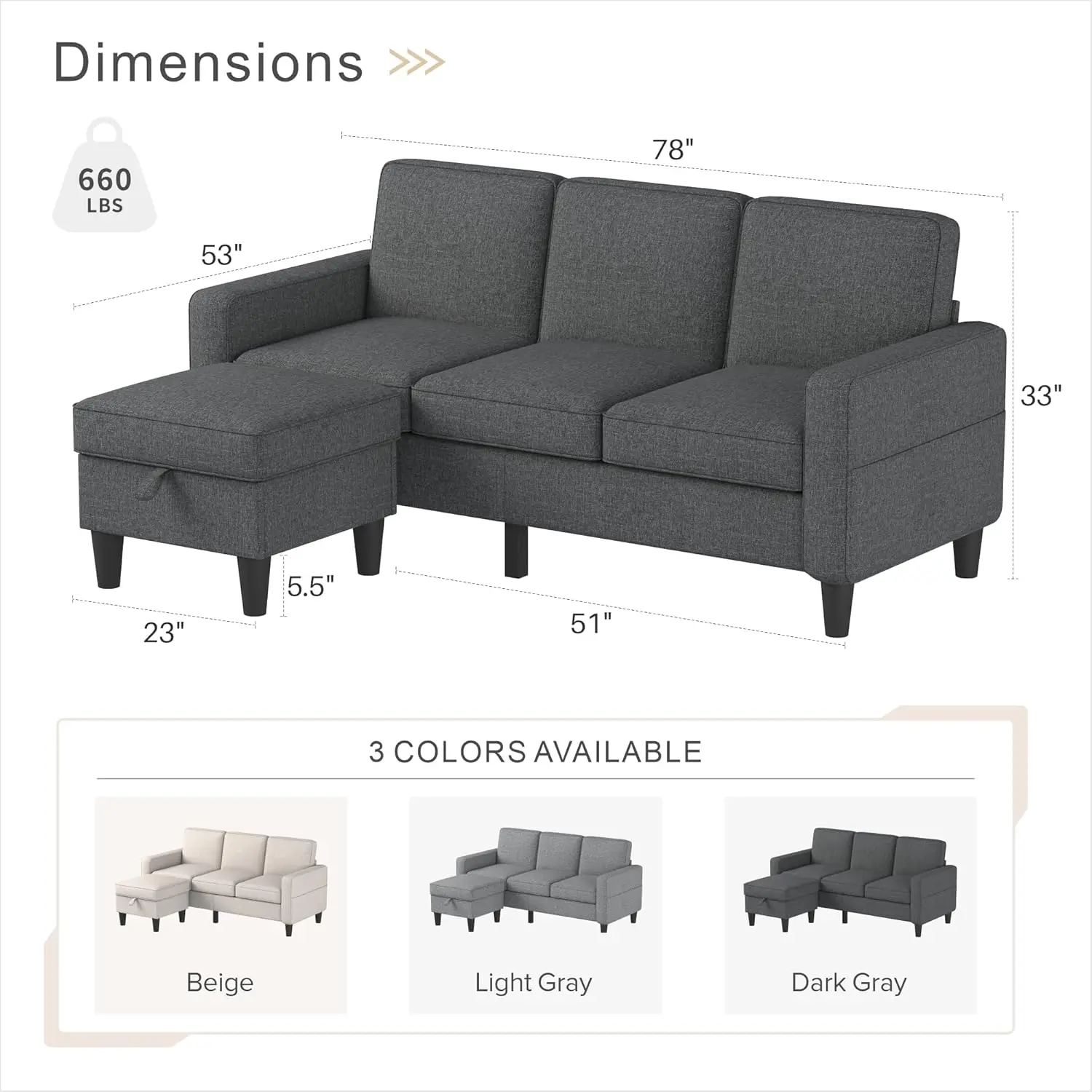 Convertible Sectional Sofa, L-Shape Linen Fabric Sofa Couch with Storage Ottoman, 3-Seats Sofa for Small Living Room and Apartme