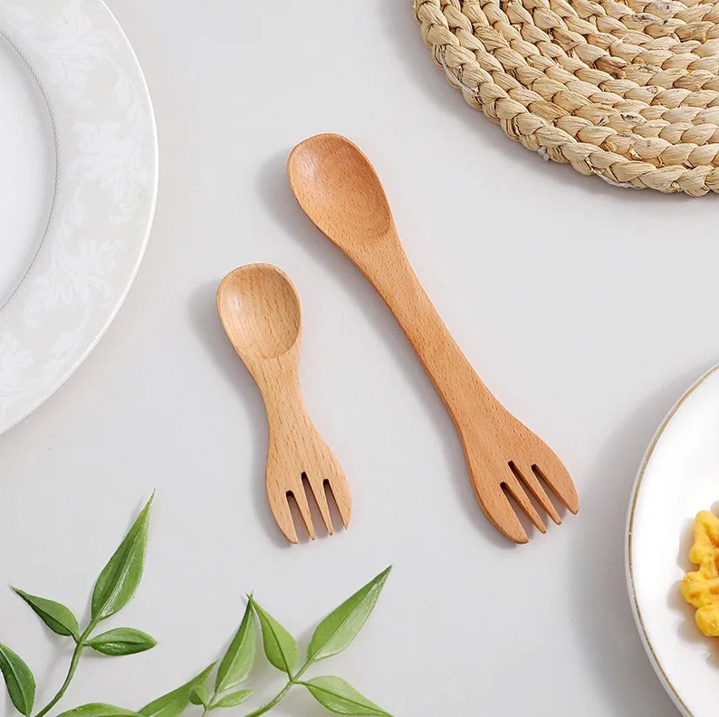 

100Pcs 2 in 1 Wooden Double Head Wood Flatware Spork Spoon and Fork Non-stick Kitchen Utensils ni452