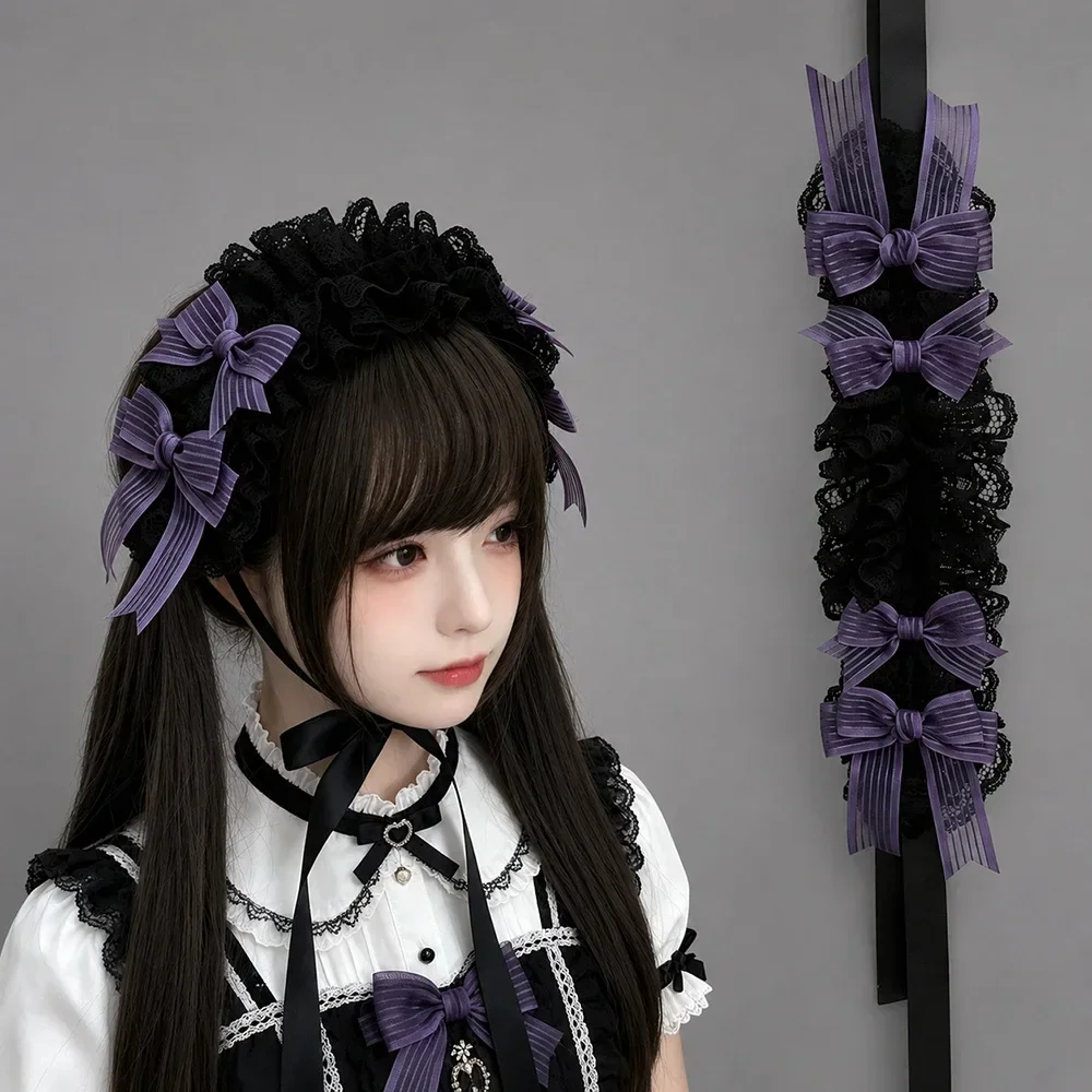 Gothic Lolita Lace Headdress, Black Purple Multi-Layer Ruffled Lace Bow Headband, Dark Sweet Lolita Hair Accessory