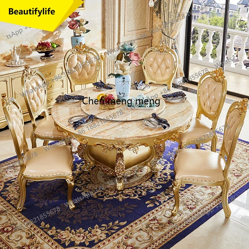 

Q181 European dining table Full solid wood round table Villa Hotel with turntable Marble dining table and chairs