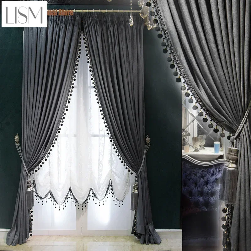 Custom Thicken Shading Solid Grey Curtains for Living High Quality Luxury Italy Dark Black Velvet Blackout Bedroom Window Tulle