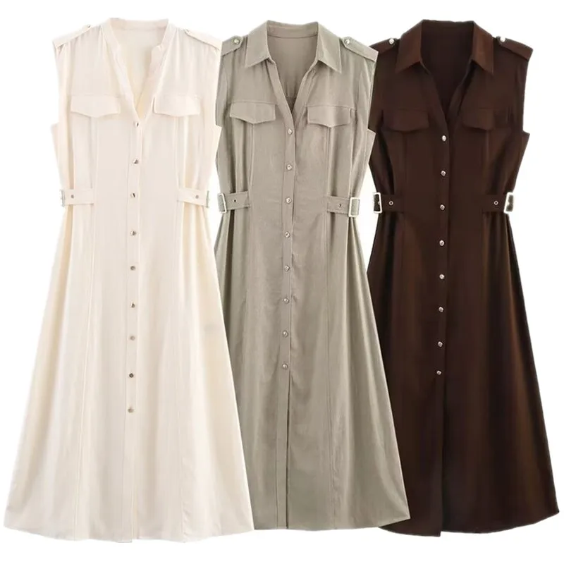 Estate nuova donna confortevole lino V-ne Svel Midi Dr Casual Pendolarismo Sle No-sve monopezzo Altro materiale...