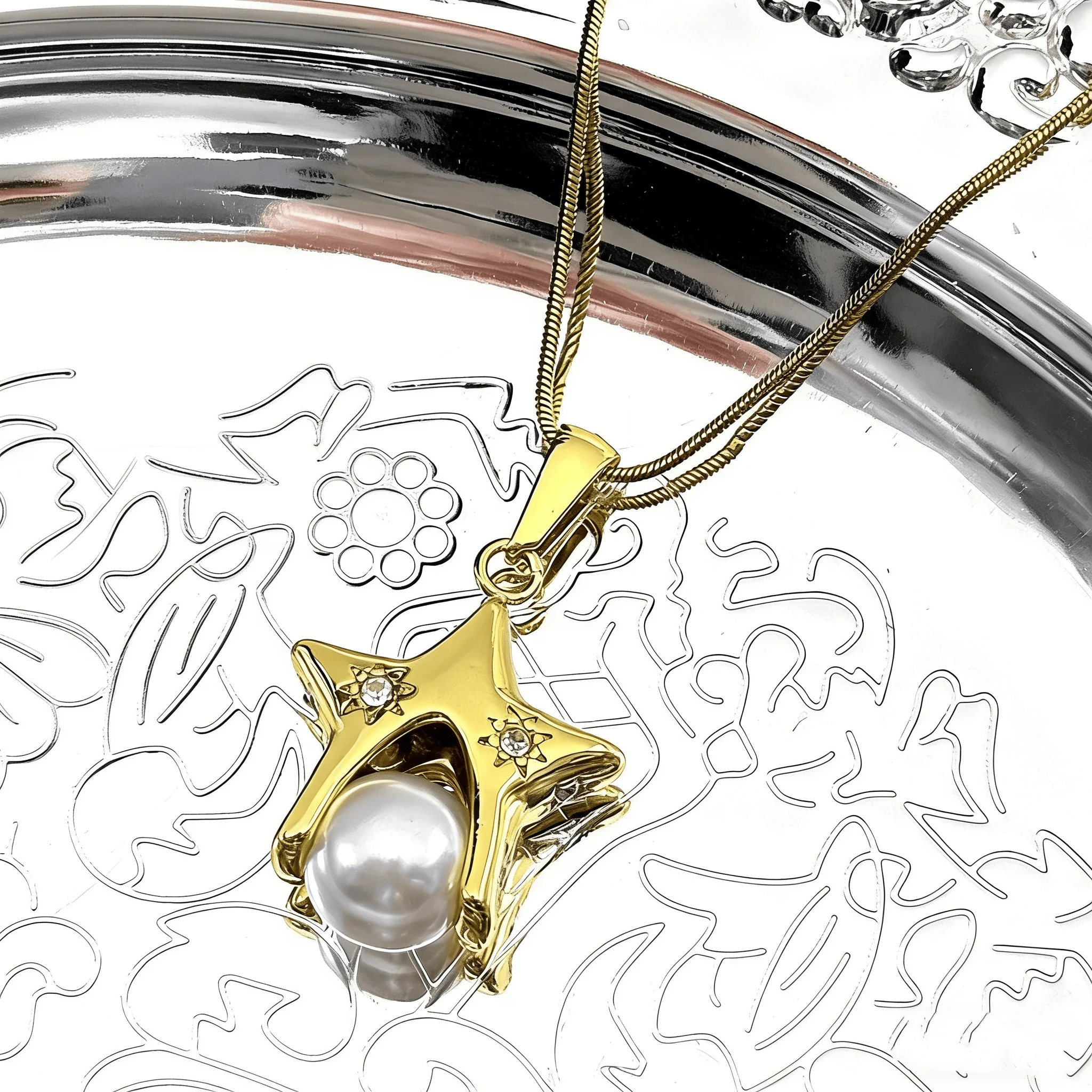 

Y2K Hiphop Star Geometric Pearl Pendant Necklace For Women New Stainless Steel Rhinestone Trend Fashion Neck Chain Jewelry Gift