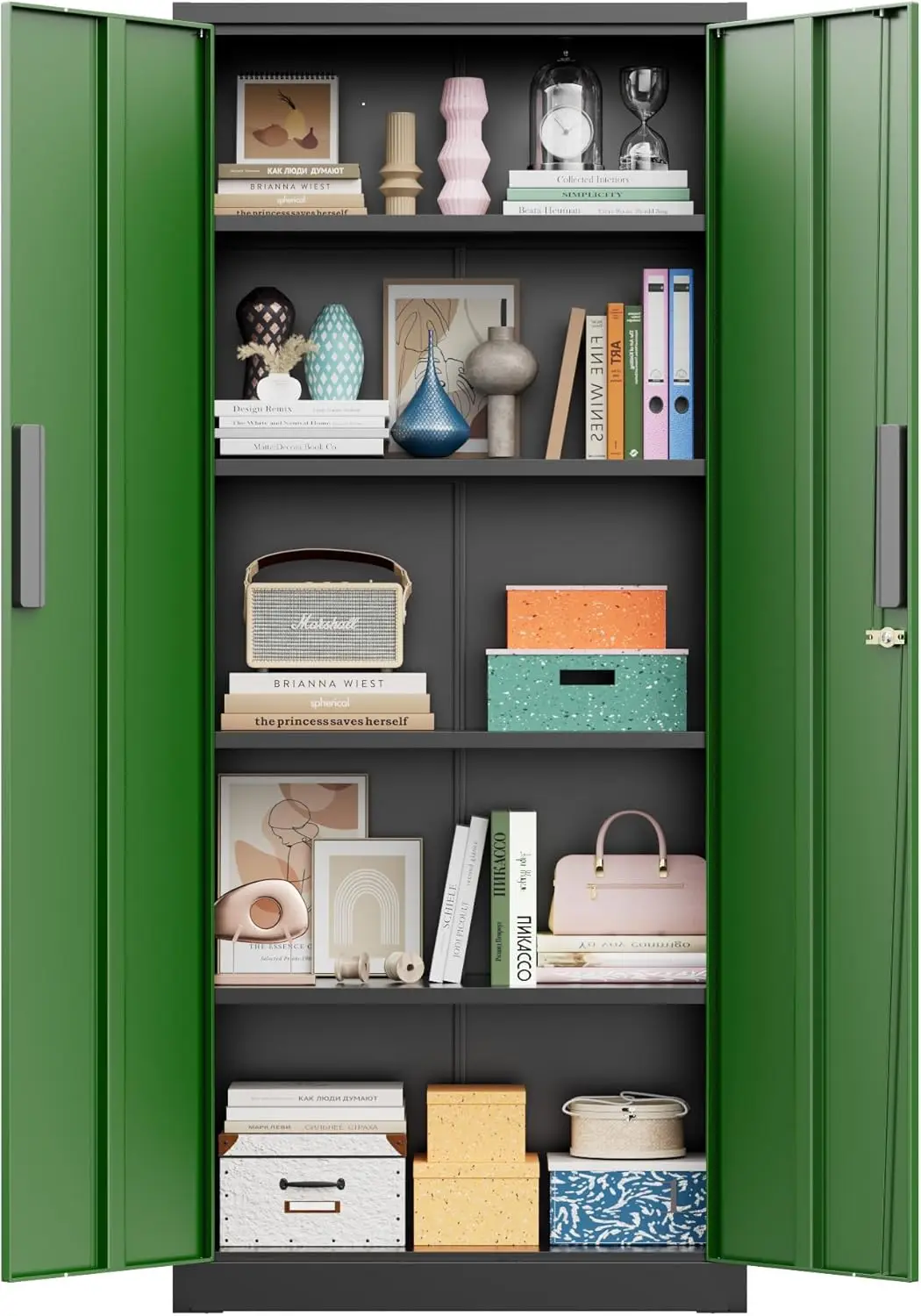 

63' Black Green Metal Storage Cabinet with Lock, Adjustable Shelves for Tools, Clothes, Garage, Office, Pantry