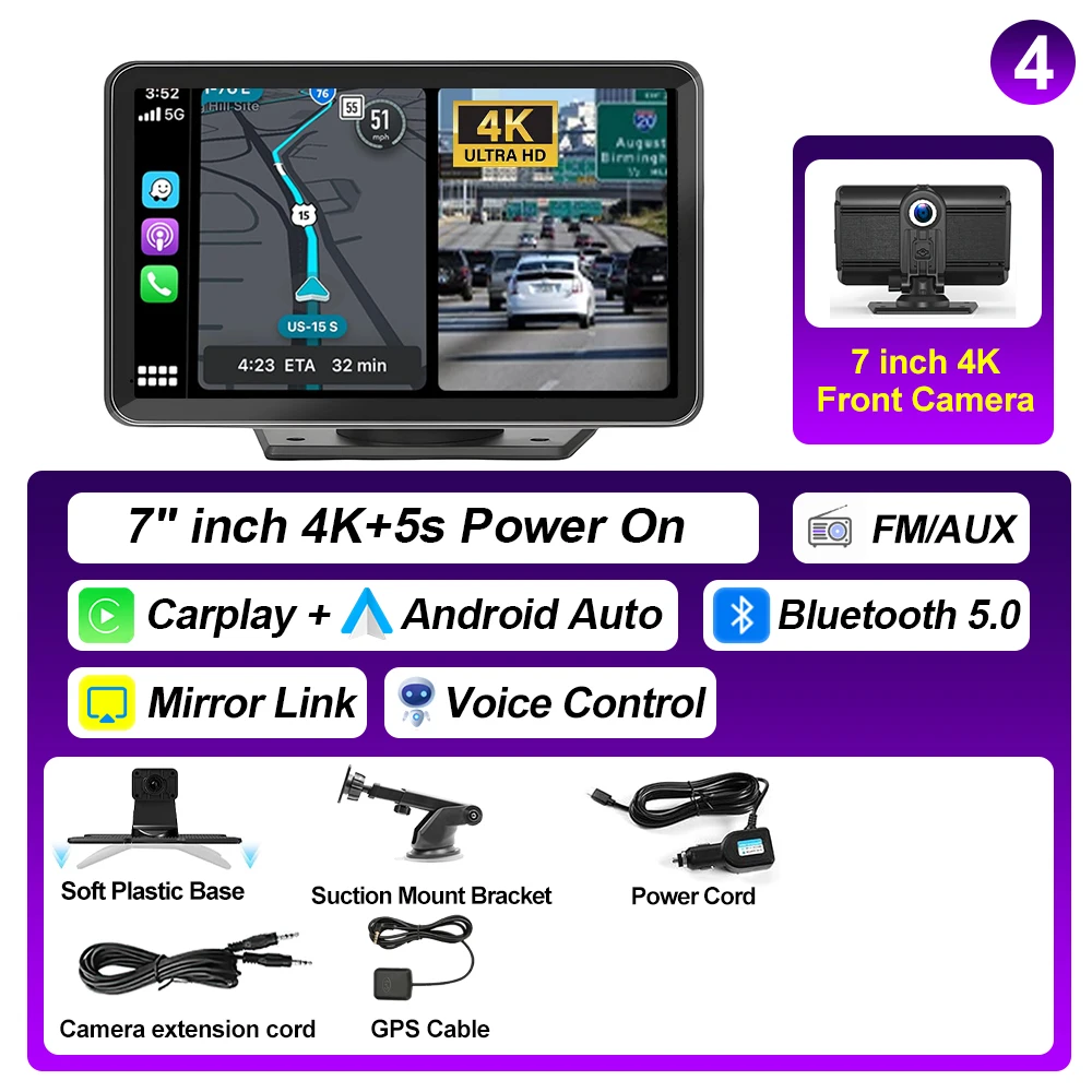 XIMA 7'' 4K Dash Cam Car Mirror Video Player Wireless Carplay Android Auto GPS Car Monitor Multimedia Rearview Camera Dashboard image 3
