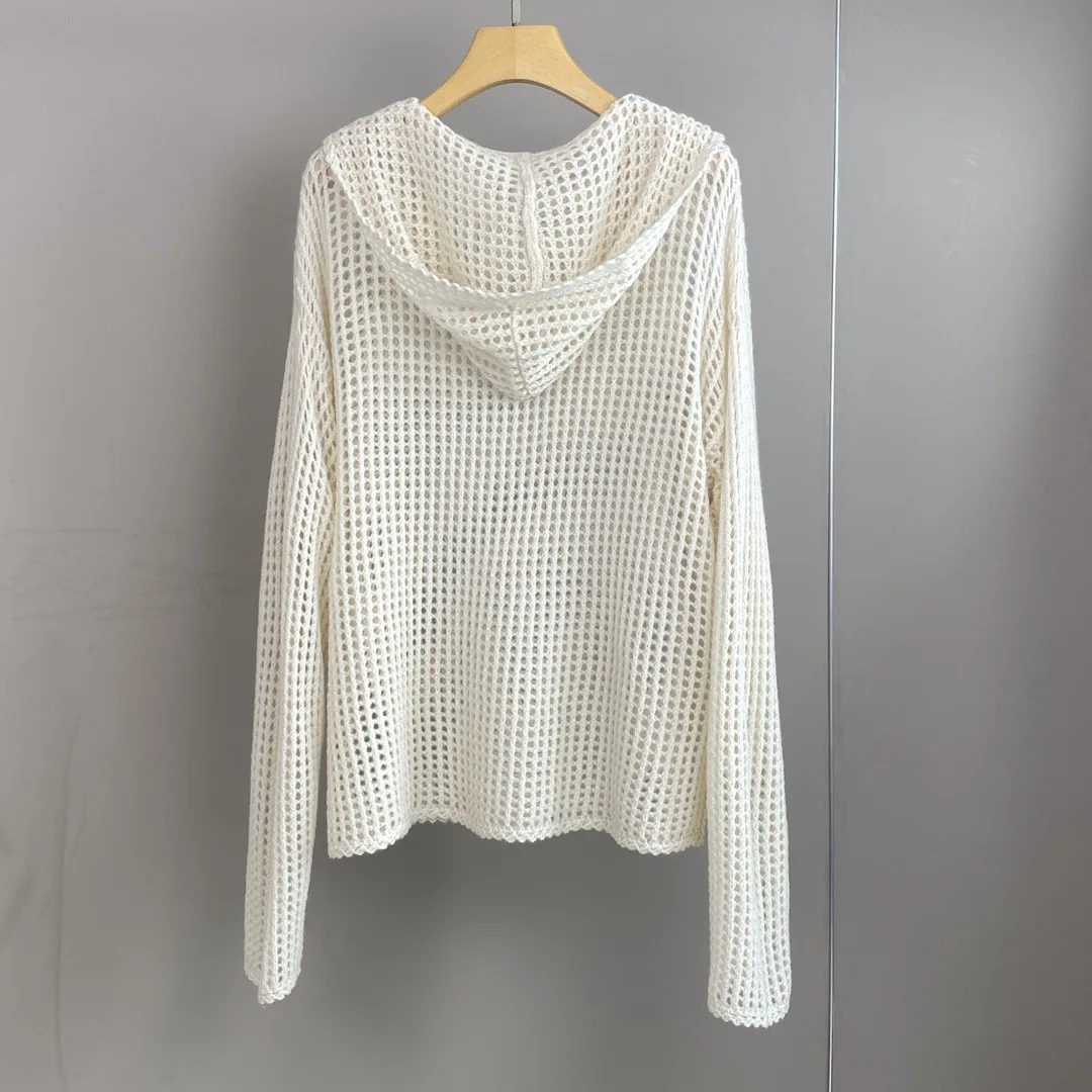 25 outono e inverno novo cashmere com capuz oco malhas femininas manga longa solta camisola superior
