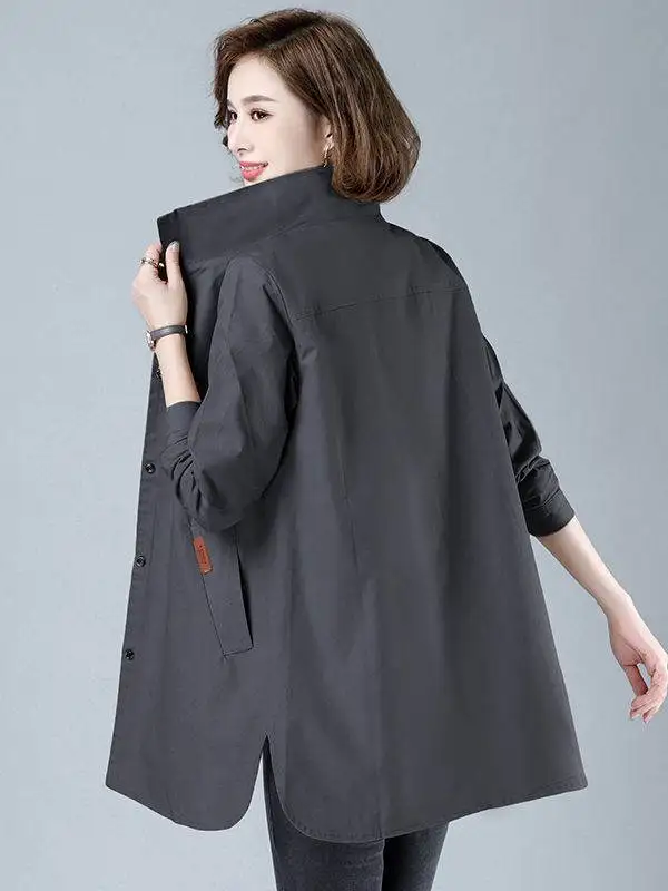Loose Fit Women's Workwear Style Jacket Coat Thin Medium Length Turn-down Collar Shirt Cotton Blend Long Sleeve Autumn Piece
