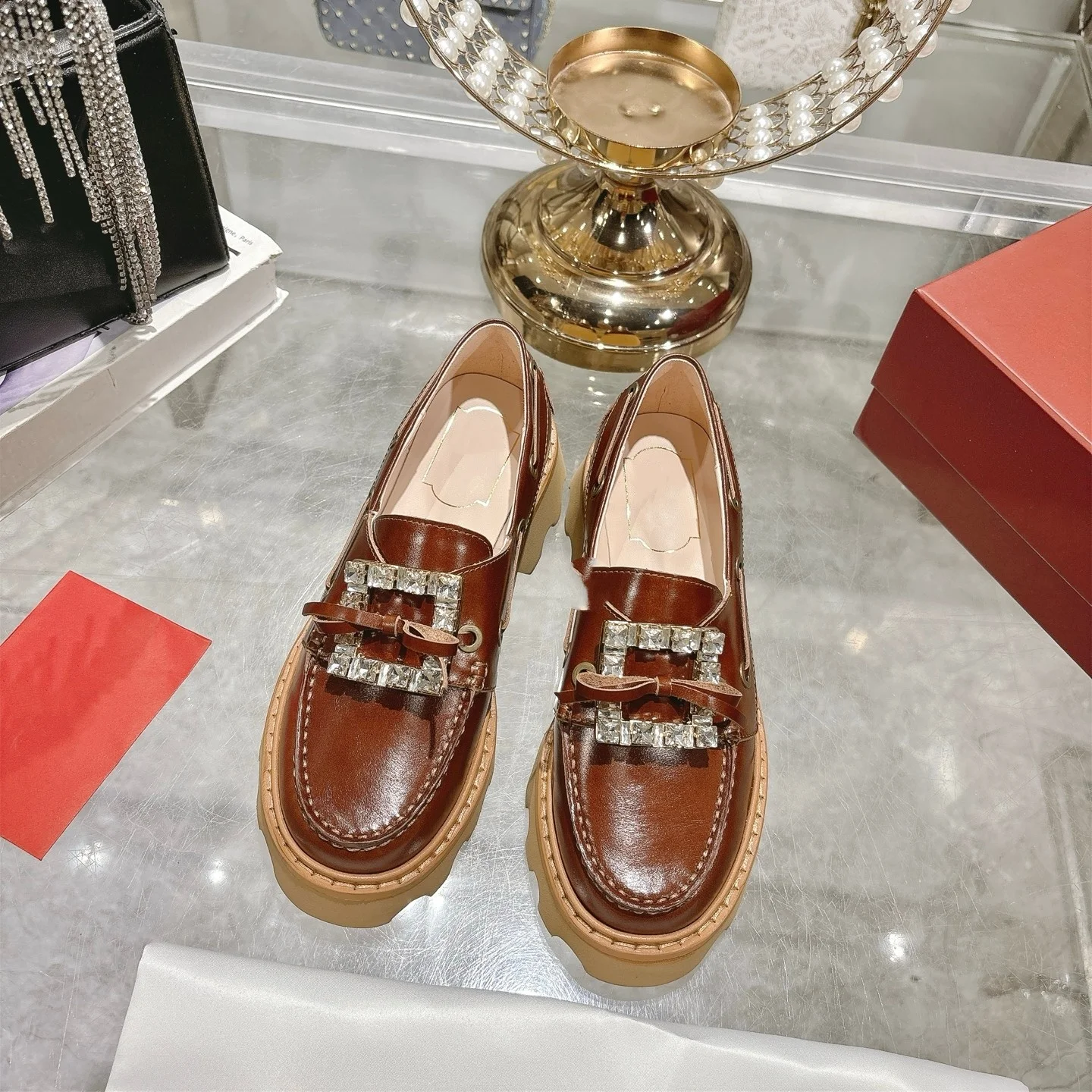 2025 outono novo couro genuíno strass fivela quadrada mocassins feminino altura crescente sapatos de couro de sola grossa deslizamento