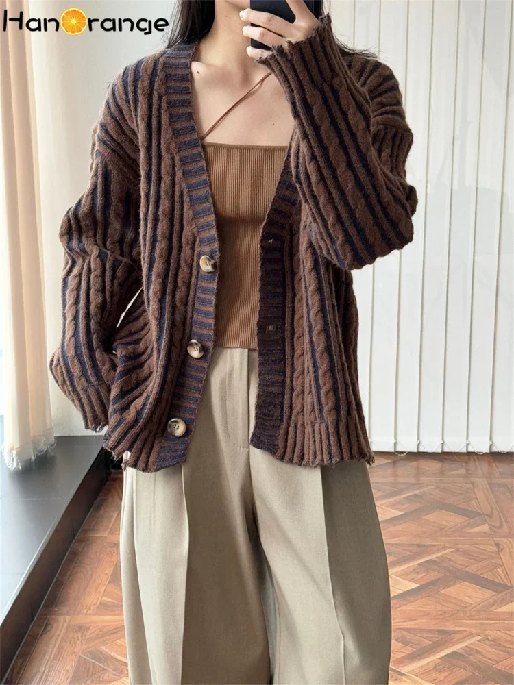 HanOrange 2024 Early Spring Retro V-neck Lazy Twisted Knitted Cardigan Women Soft Skin Friendly Sweater Top Yellow Brown/Red