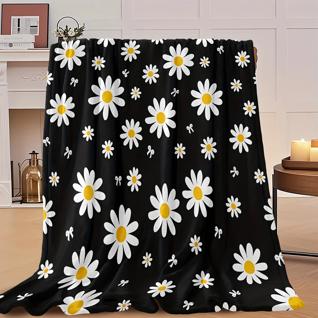 Ultimate Black Background Daisy Floral Pattern Throw Blanket Polyester Fabric Cozy Decor Gift for Couch Bedroom Home Accent