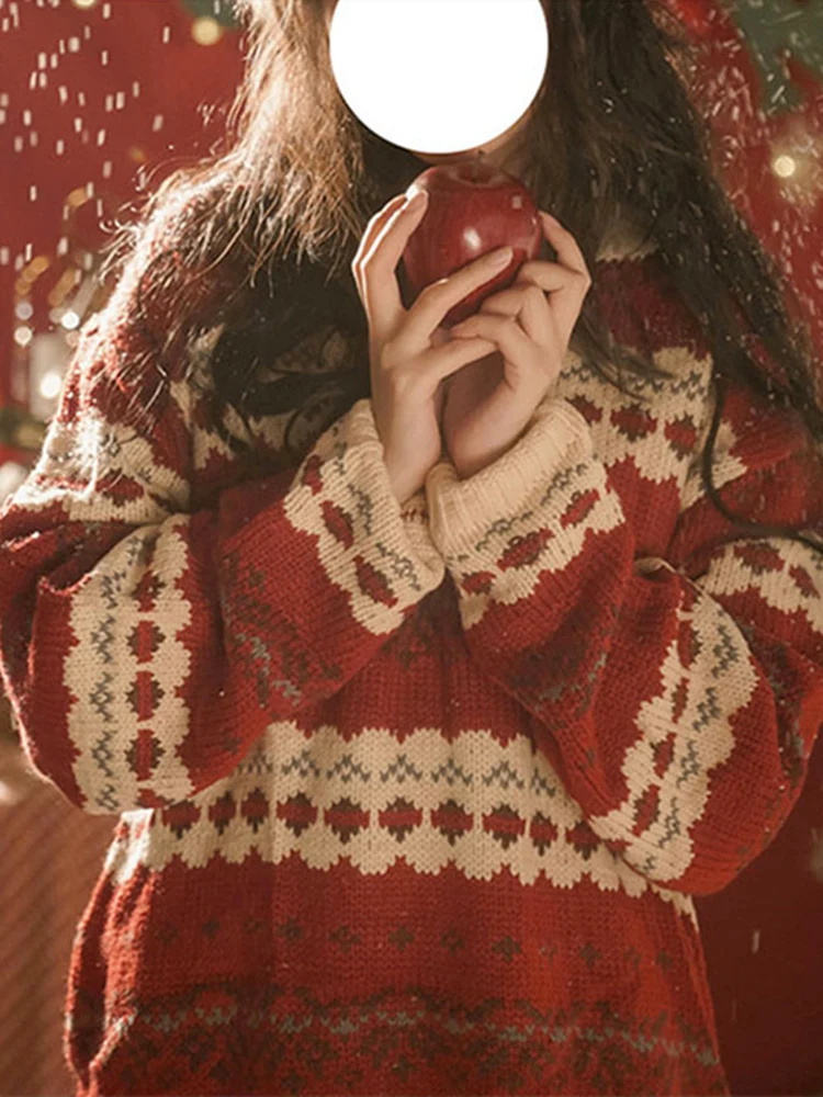 سترة حمراء محبوكة فضفاضة للنساء، ملابس شتوية عصرية كاجوال على الطراز الكوري مع زهور، ماركة لينغ، ملابس داخلية جديدة للعام الجديد