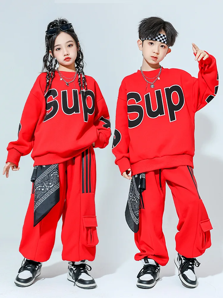 Kids Cheerleading Clothing Red Hip Hop Dance Costume sets for Girls Boys Jazz Street Performance Clothes