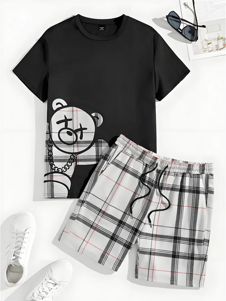 2-piece Set Men's Casual Everyday Set 3D Bear Print Men's Short-sleeved Top Plaid Print Men's Shorts Street Fashion Men's Set