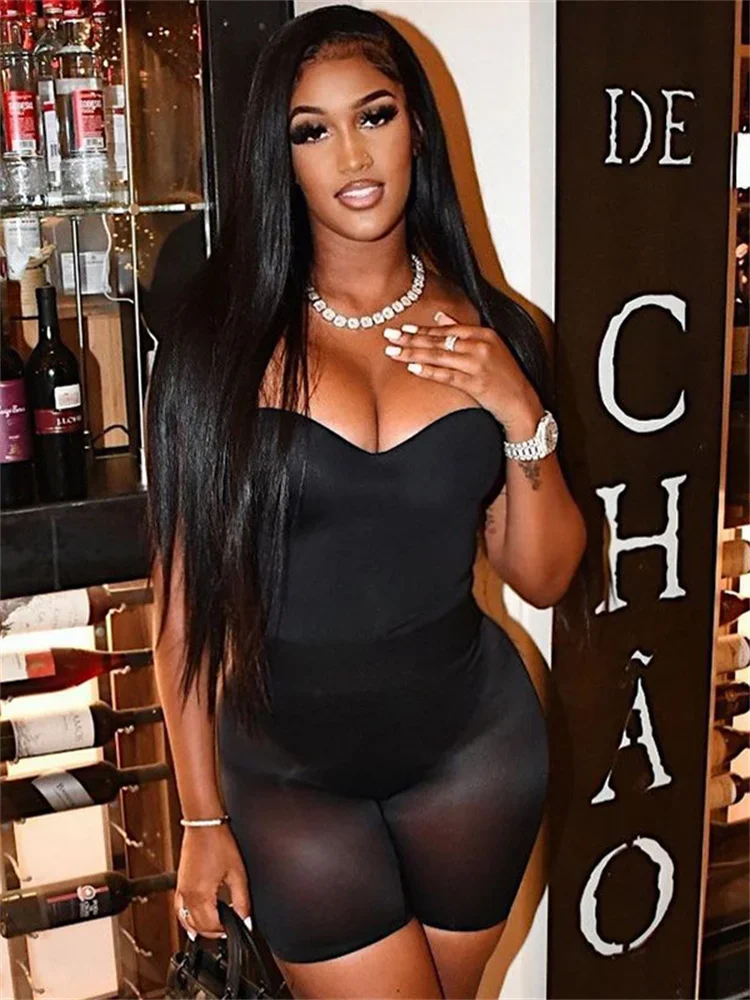 Black Playsuit Bodycon Rompers Womens Jumpsuit Tank Top Mesh See Through Bottom Bodysuit Combinaison Femme Sexy Ropa De Mujer